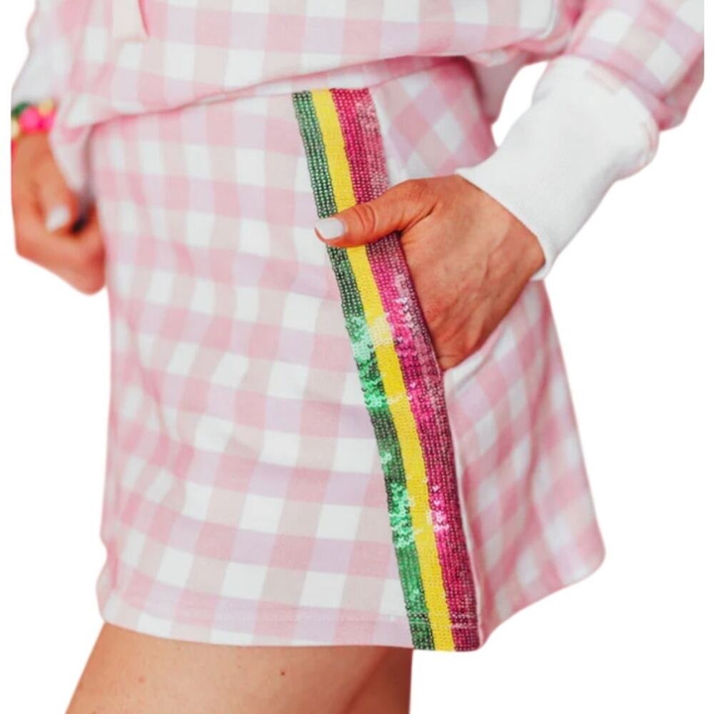 Brianna Cannon NEW Pink White Gingham Pull On Lined Sequin Side Stripe Skort - Picture 2 of 10